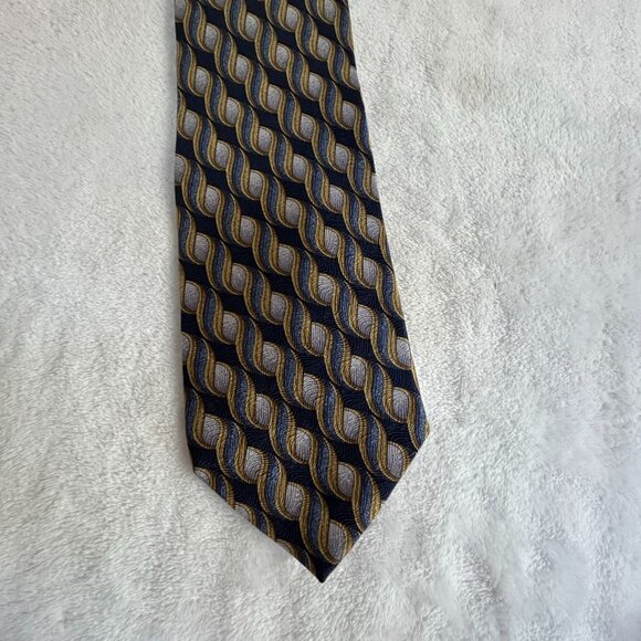 Guy Laroche Men’s Silk Necktie Blue Gold Geometric Wave Pattern Formal Business - Picture 1 of 4